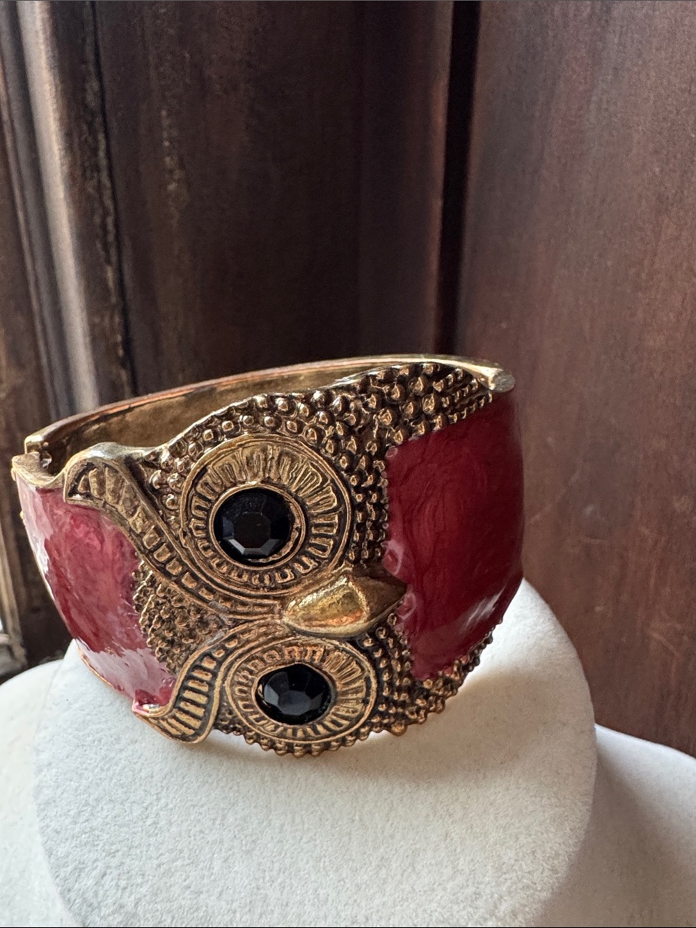 Chunky Owl Hinged Bangle Bracelet Pink Enamel Black Rhinestone Statement Cuff